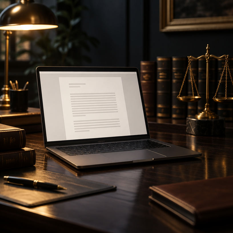 Ordinateur portable ouvert sur un document, éclairé par une lampe dorée